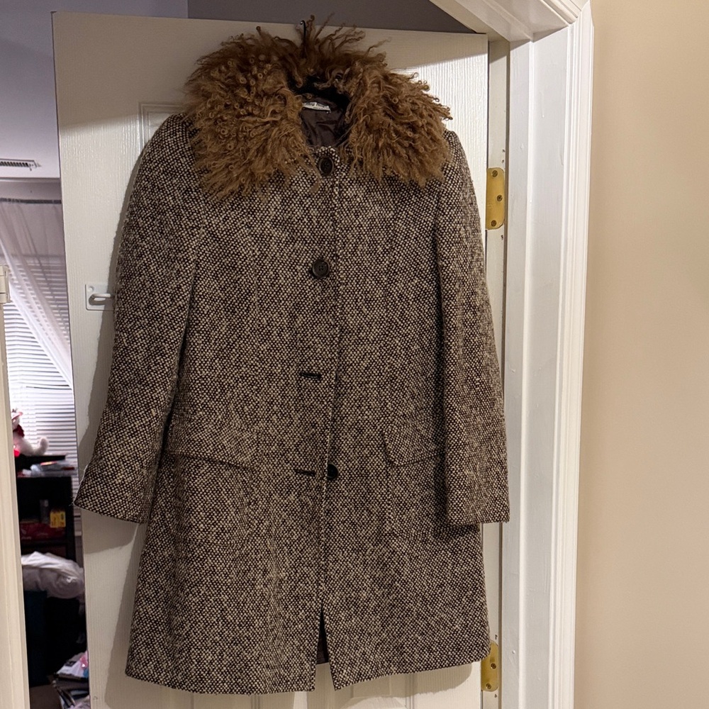 Miu Miu Brown Tweed Jacket with Faux Fur Collar